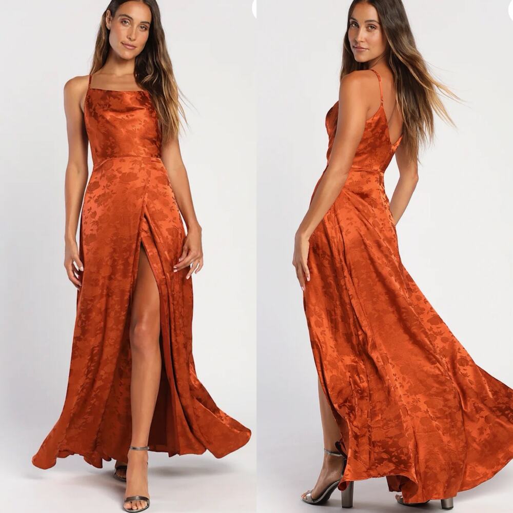 NWT Lulus Simply Dreamy Rust Orange Satin Floral Jacquard Maxi Dress XS